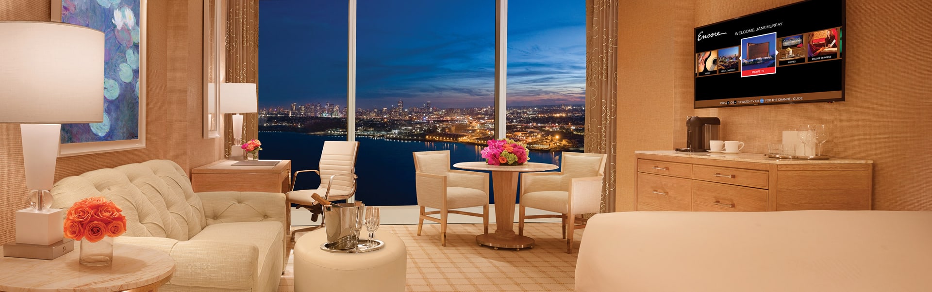 The interior of the Premier Harbor View King room at Encore Boston Harbor