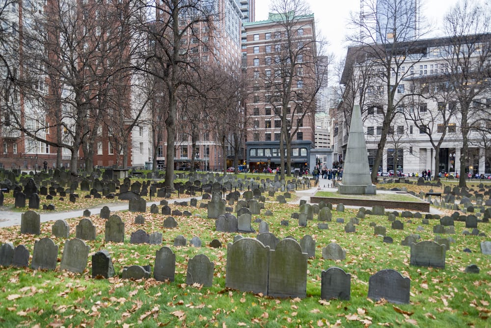 Historical graveyard in Boston during fall