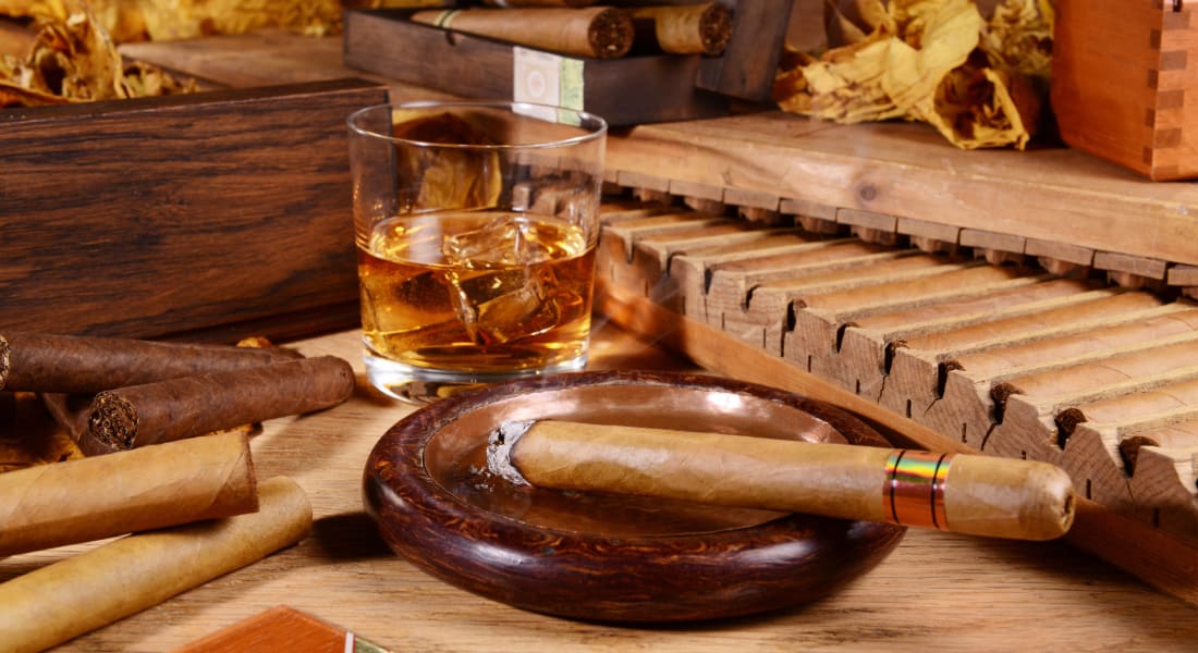 Cigar and whisky glass