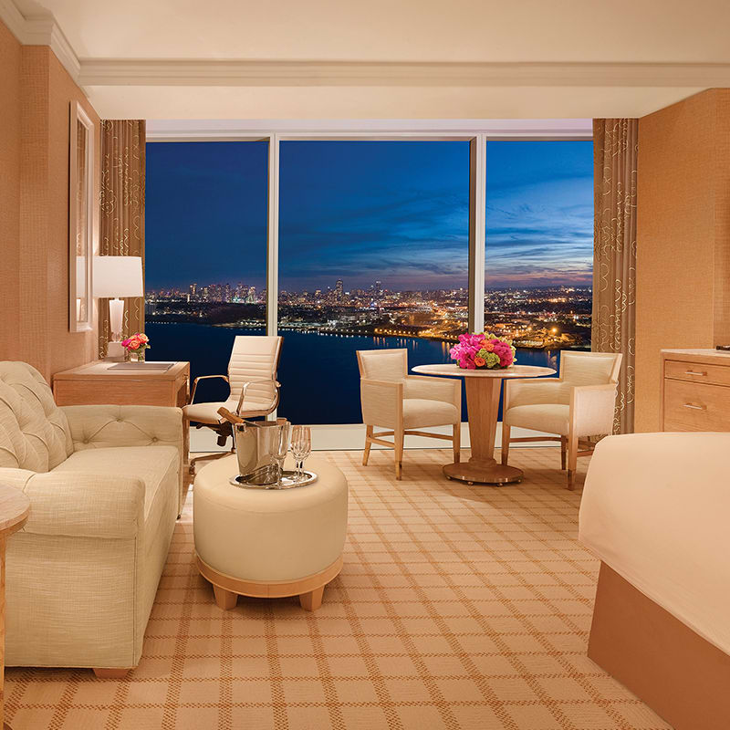 The interior of a hotel room at Encore Boston Harbor