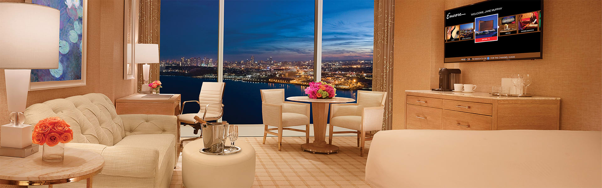 The interior of the Premier Harbor View King hotel room at Encore Boston Harbor