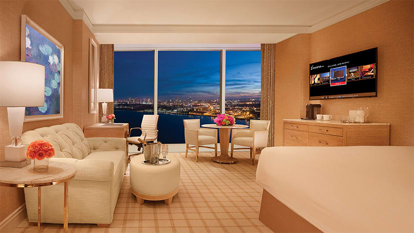 The interior of the Harbor View King hotel room at Encore Boston Harbor