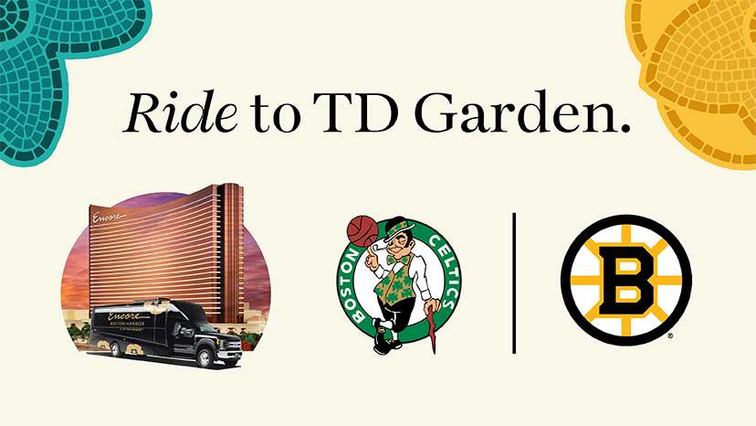 The Boston Celtics logo and Boston Bruins logo with a banner that says Ride to TD Garden.