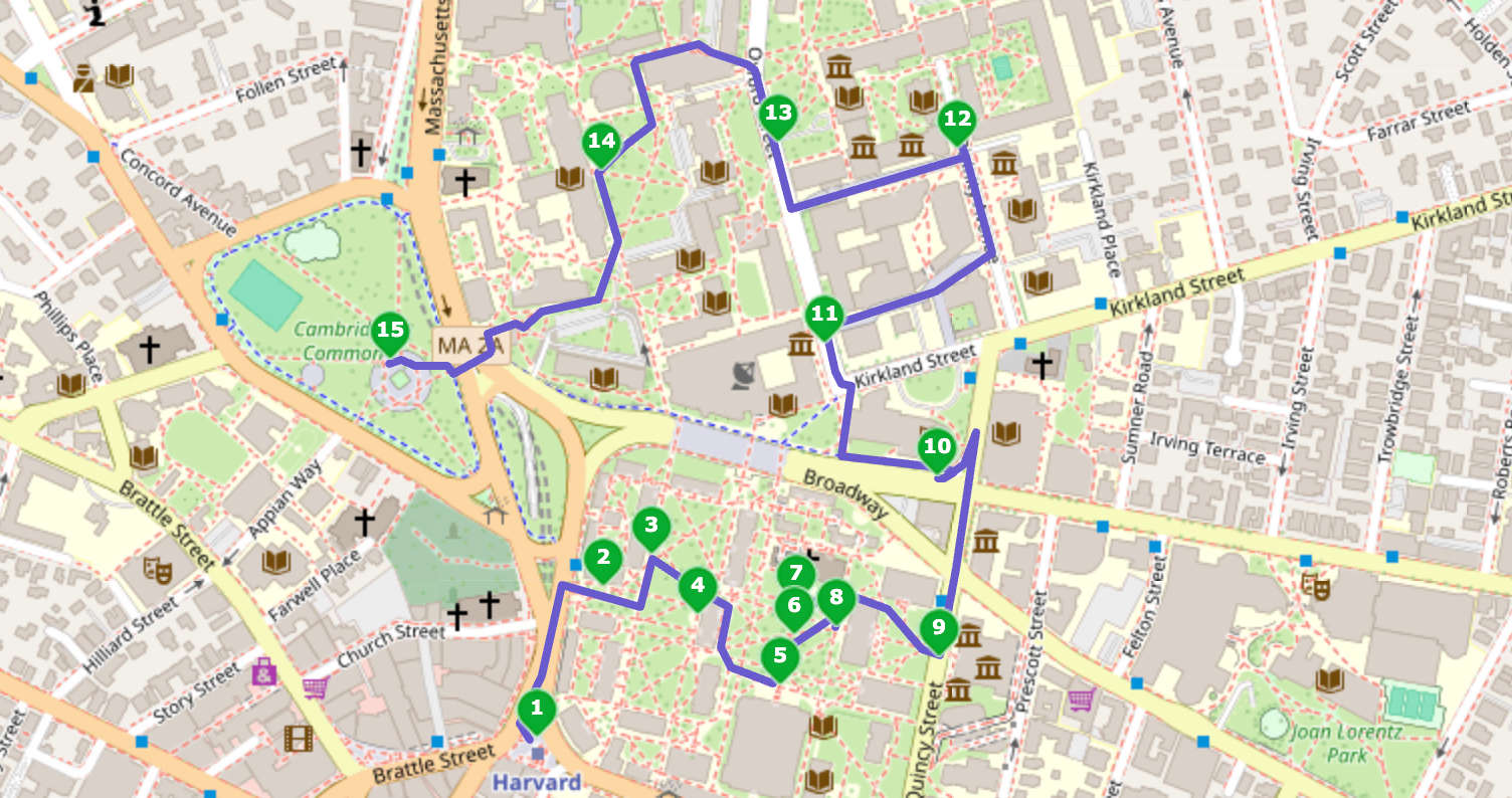 A map showing the route for the self-guided tour at Harvard