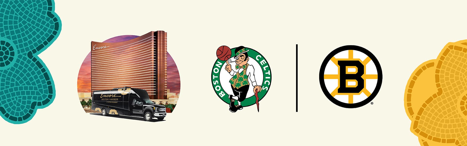 The Boston Celtics and Boston Bruins logos are showing next to an Encore Boston Harbor shuttle