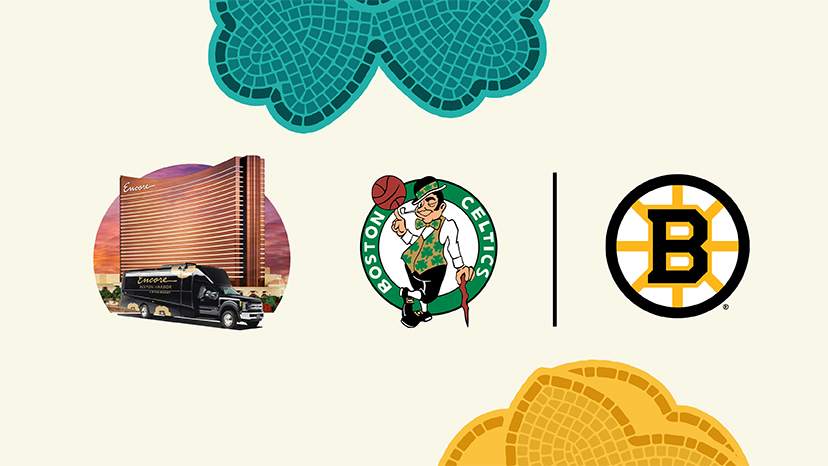The Boston Celtics logo and Boston Bruins logo next to an Encore Boston Harbor shuttle