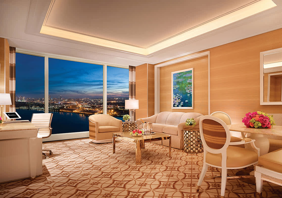 The interior of the Signature Harbor View Suite at Encore Boston Harbor