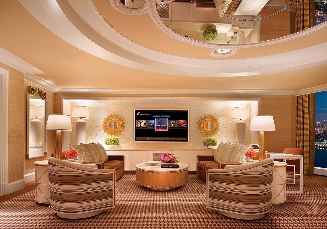 The living area of the Two Bedroom Residence at Encore Boston Harbor