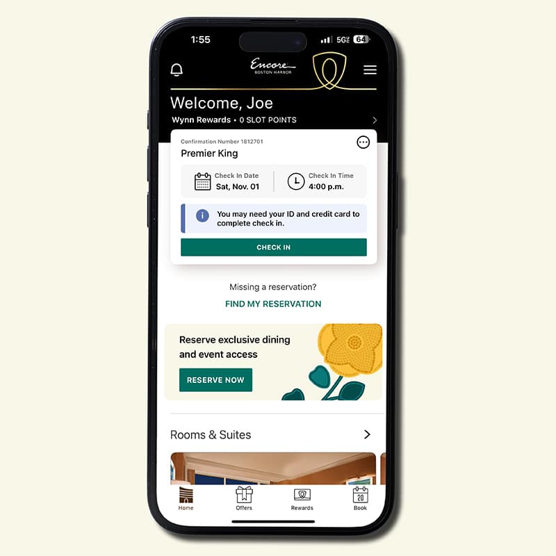 An iphone screen showing the Wynn Resorts Mobile App