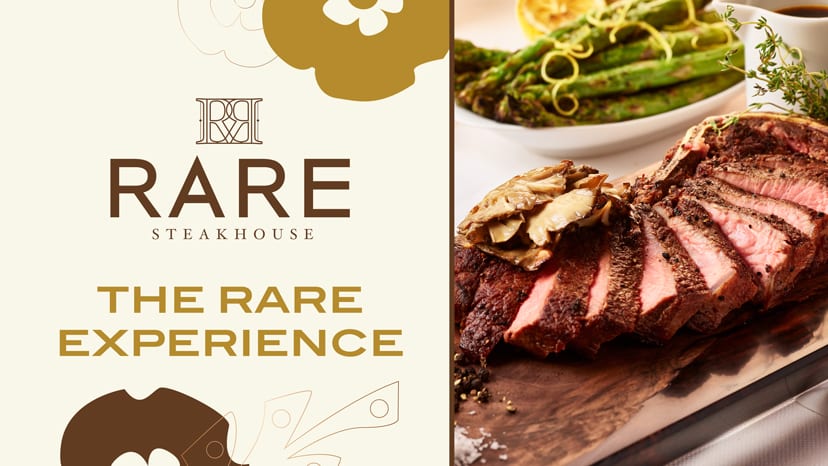 A sliced New York Strip steak with banner text that reads Rare Steakhouse, the Rare Experience