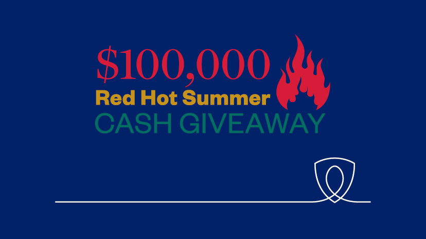 Text on blue background reads $100,000 red hot summer cash giveaway