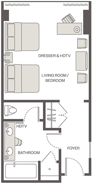 The floor plans of the Premier Harbor View Double at Encore Boston Harbor