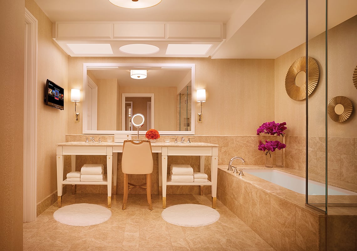 Interior of the bathroom of the Premier Harbor View King room at Encore Boston Harbor