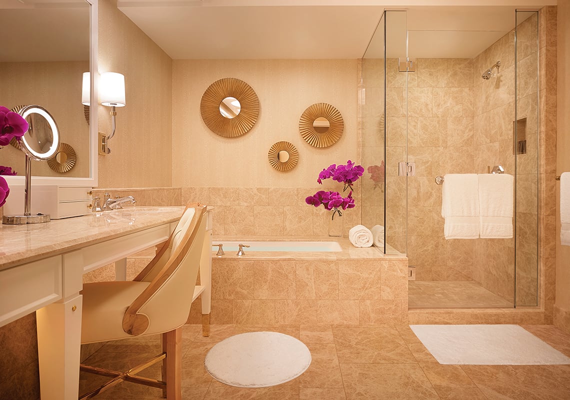 Interior of the bathroom of the Premier Harbor View King room at Encore Boston Harbor