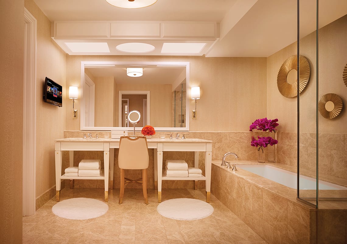 Bathroom interior of the Premier King room at Encore Boston Harbor