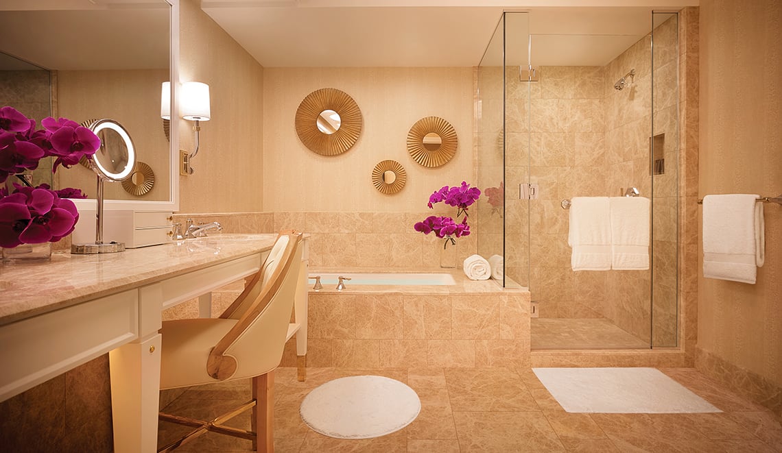 Bathroom interior of the Premier King room at Encore Boston Harbor