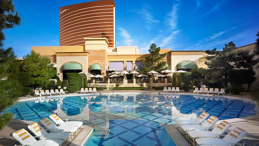 The Wynn Resort pool at Wynn Las Vegas with Encore in the background