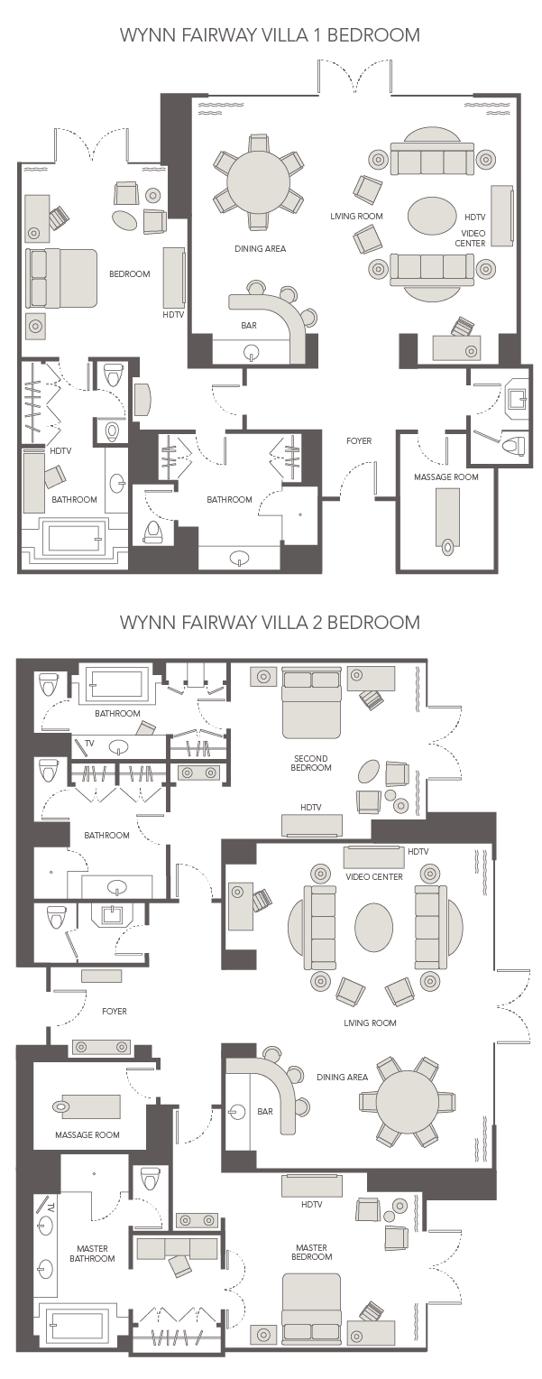 Floor plans for the Wynn Fairway Villa - 1 and 2 Bedrooom